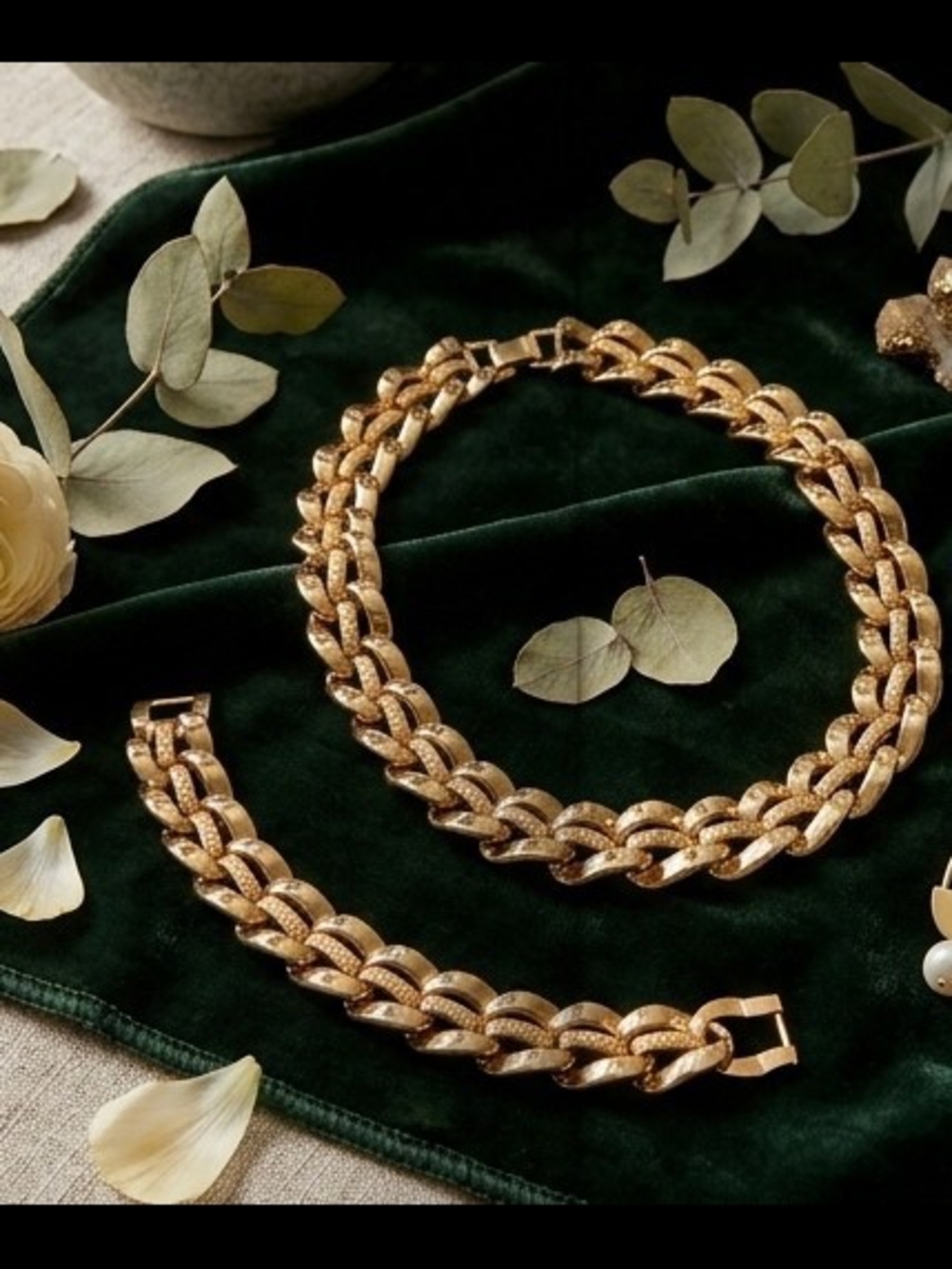 Gold Chain Necklace and Bracelet Set - Textured Cuban Link